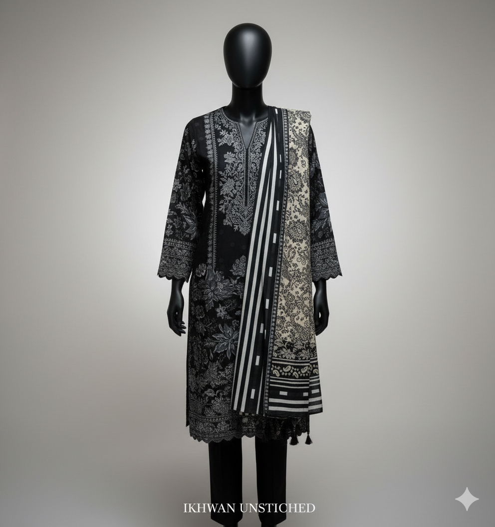 Winter 2025 Pure Karandi Digital Print Black Suit – Premium Airjet Collection