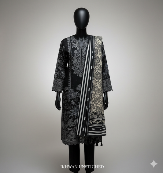 Winter 2025 Pure Karandi Digital Print Black Suit – Premium Airjet Collection