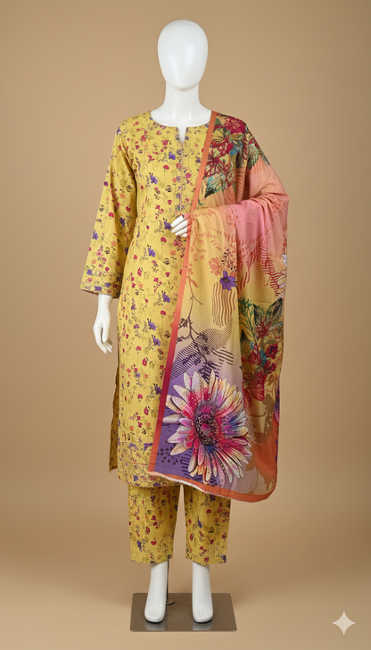 Khaadi Winter Linen 3-Piece Printed Suit – Yellow & Orange Floral Design (Unstitched)
