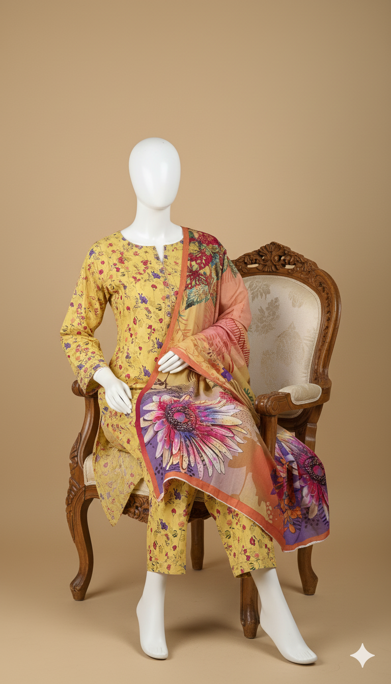 Khaadi Winter Linen 3-Piece Printed Suit – Yellow & Orange Floral Design (Unstitched)