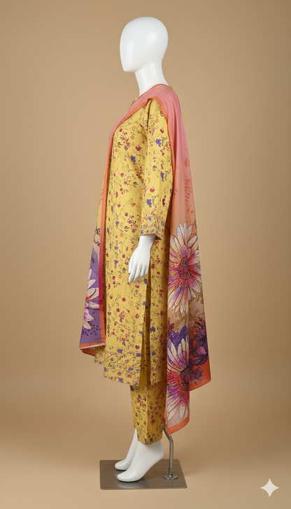 Khaadi Winter Linen 3-Piece Printed Suit – Yellow & Orange Floral Design (Unstitched)