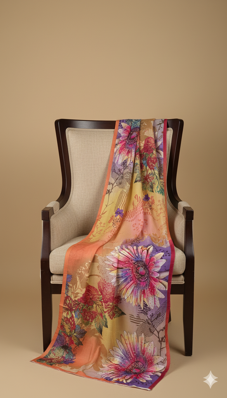 Khaadi Winter Linen 3-Piece Printed Suit – Yellow & Orange Floral Design (Unstitched)