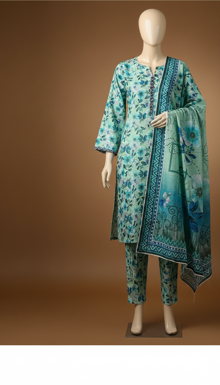 Khaadi Linen – Mint Teal Blossom 3-Piece Unstitched Suit