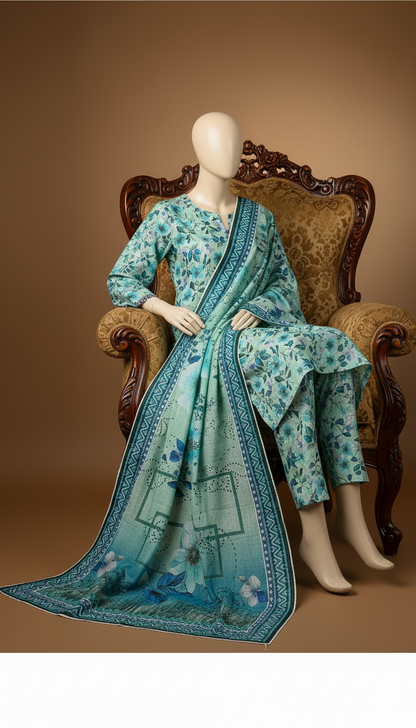 Khaadi Linen – Mint Teal Blossom 3-Piece Unstitched Suit