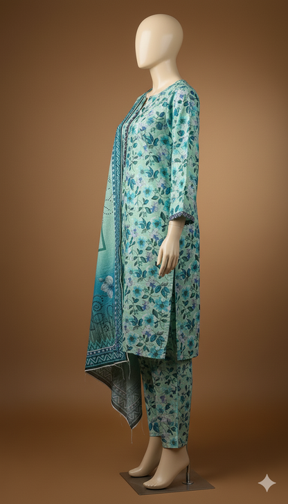 Khaadi Linen – Mint Teal Blossom 3-Piece Unstitched Suit