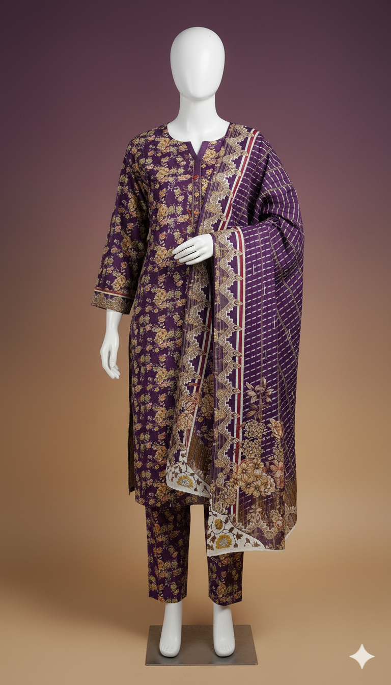 Ikhwan Printed Linen 3-Piece Suit – Deep Violet Floral Harmony