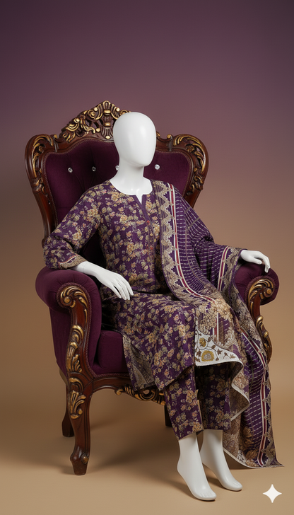Ikhwan Printed Linen 3-Piece Suit – Deep Violet Floral Harmony