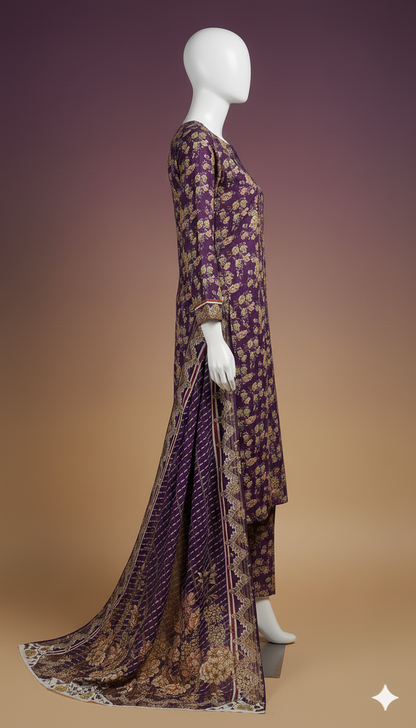Ikhwan Printed Linen 3-Piece Suit – Deep Violet Floral Harmony