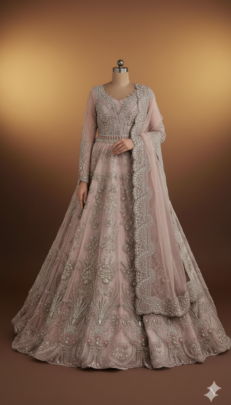 IKHWAN REPLICA – Luxury Embroidered Net Frock with Satin Silk Trouser & Heavy Net Dupatta