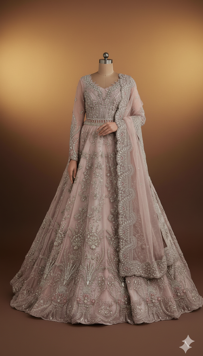 IKHWAN REPLICA – Luxury Embroidered Net Frock with Satin Silk Trouser & Heavy Net Dupatta