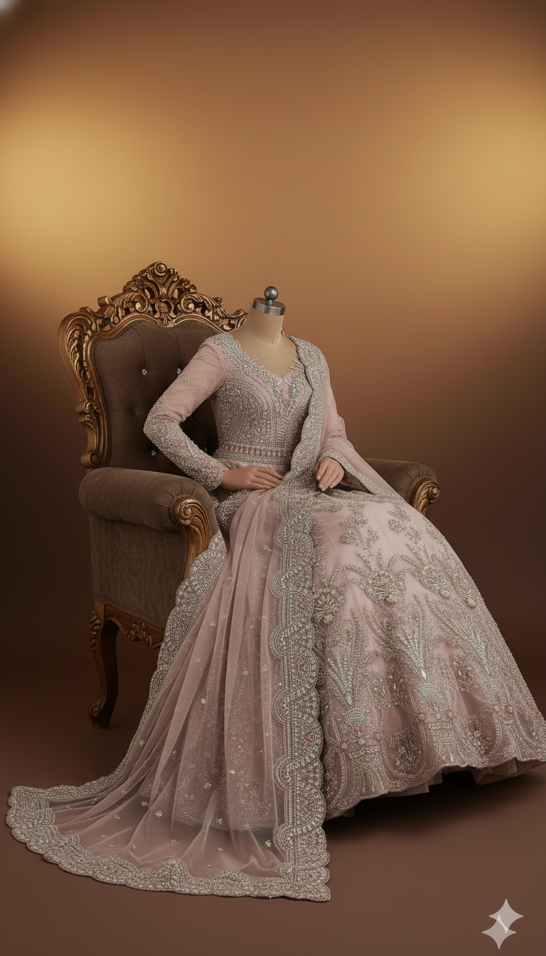 IKHWAN REPLICA – Luxury Embroidered Net Frock with Satin Silk Trouser & Heavy Net Dupatta