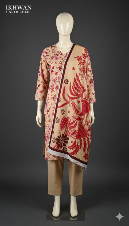 Alkaram Doria Linen 3-Piece Suit – Beige & Rose Harmony (Winter Edition)