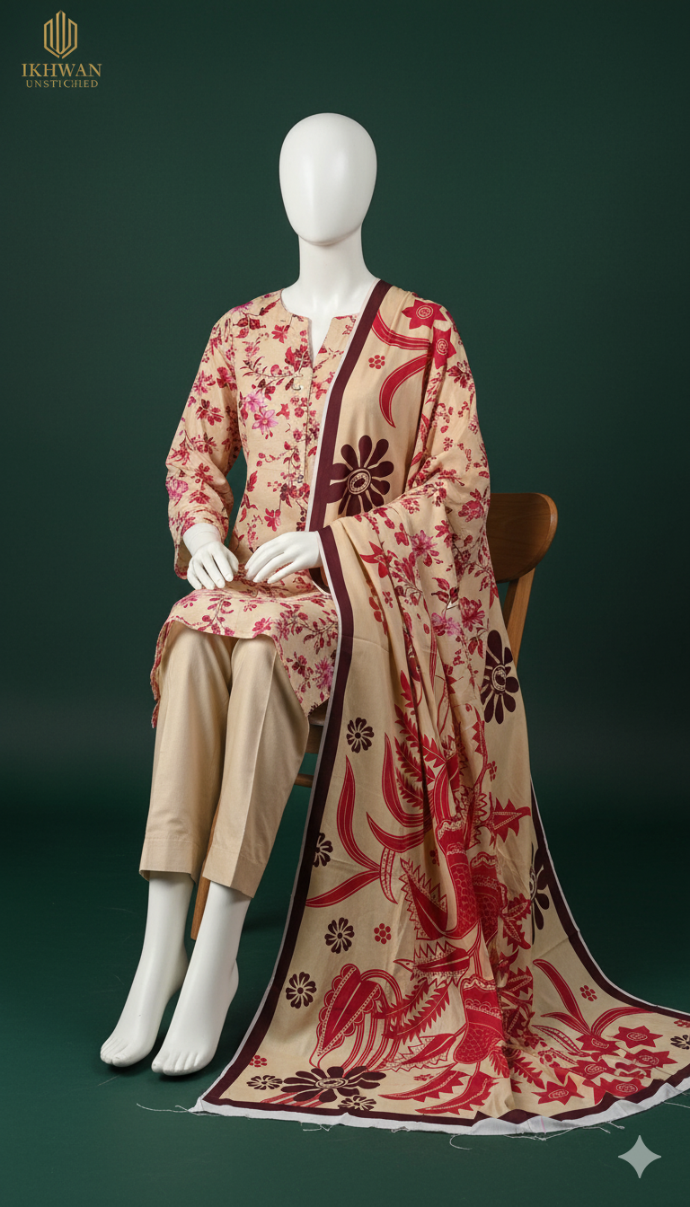 Alkaram Doria Linen 3-Piece Suit – Beige & Rose Harmony (Winter Edition)