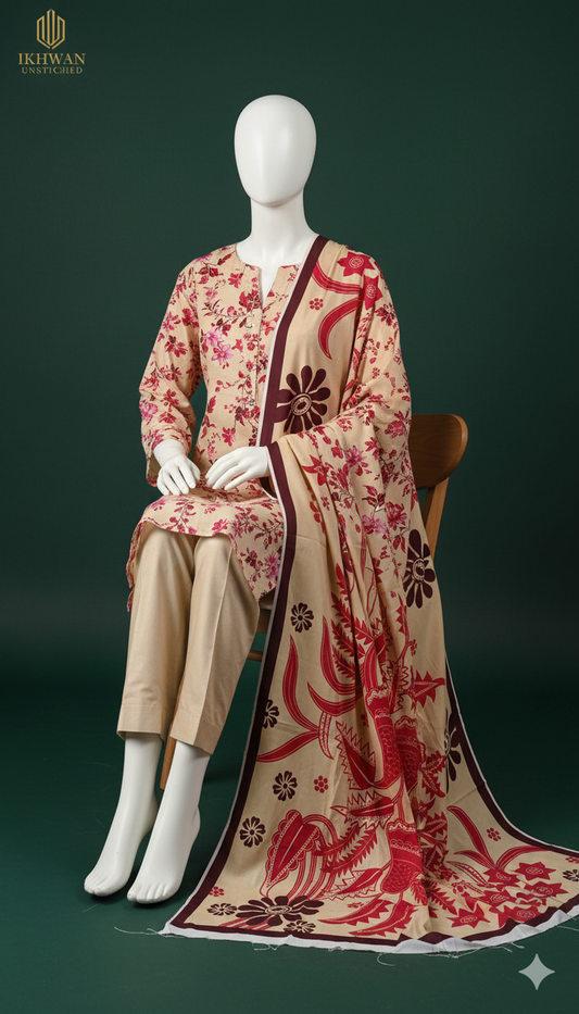 Alkaram Doria Linen 3-Piece Suit – Beige & Rose Harmony (Winter Edition)