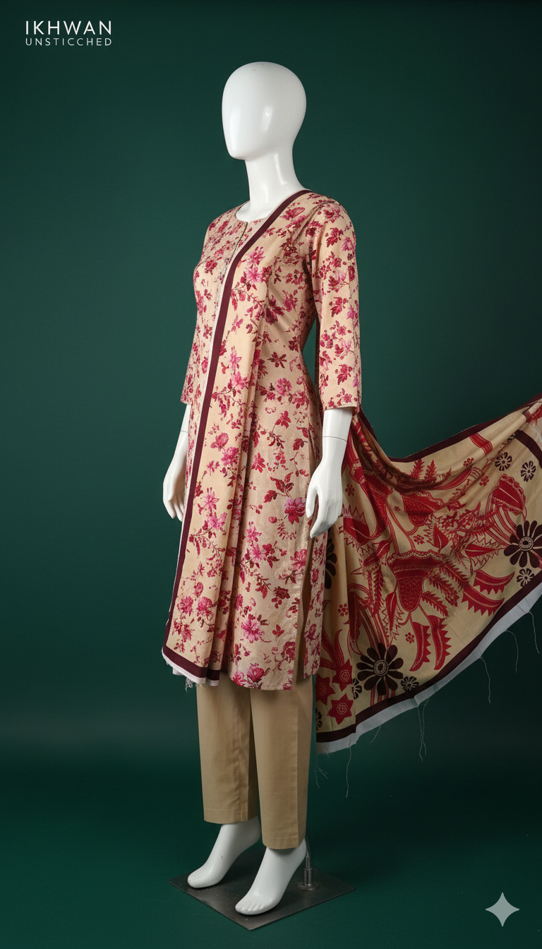 Alkaram Doria Linen 3-Piece Suit – Beige & Rose Harmony (Winter Edition)