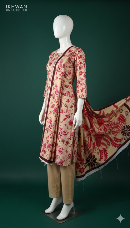 Alkaram Doria Linen 3-Piece Suit – Beige & Rose Harmony (Winter Edition)