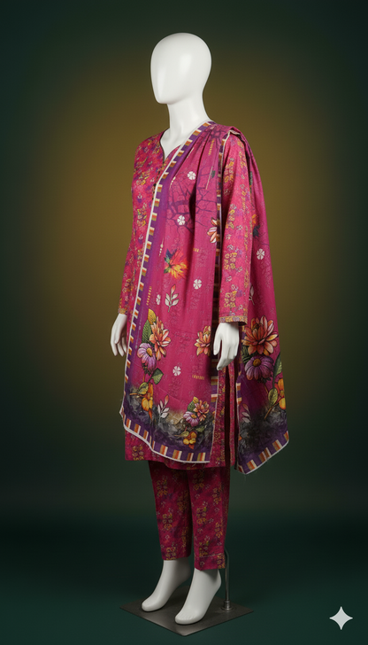 Khaadi Linen 3-Piece Suit – Pink Blossom (Winter Edition)