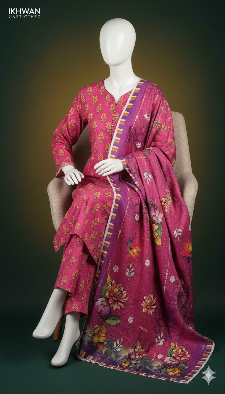 Khaadi Linen 3-Piece Suit – Pink Blossom (Winter Edition)