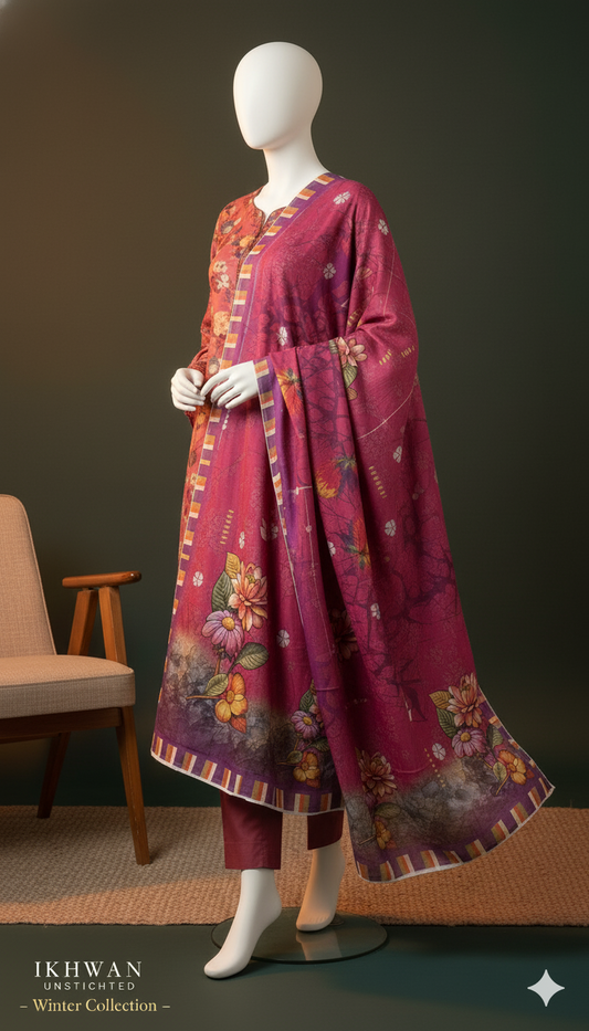 Khaadi Linen 3-Piece Suit – Pink Blossom (Winter Edition)