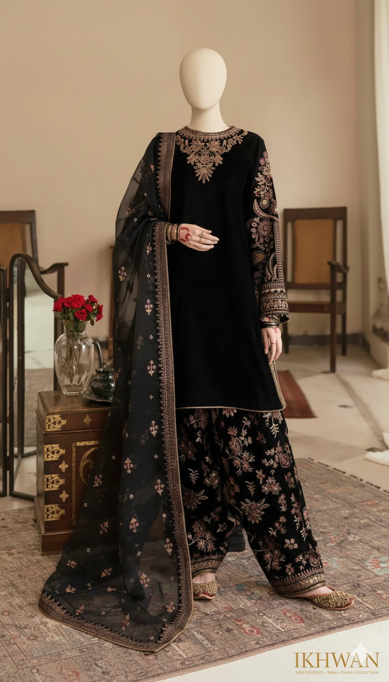 Luxury Velvet Embroidered 3-Piece Suit – Royal Noir Edition (Winter ’25)