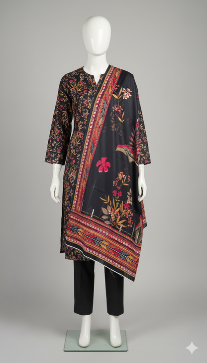 Khaadi 3-Piece Printed Doria Linen Suit – Midnight Blossom Edition