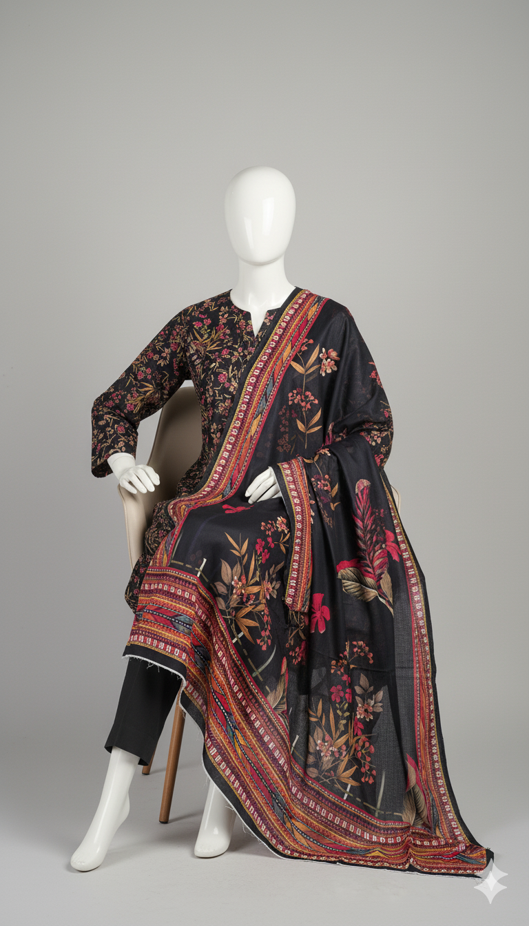 Khaadi 3-Piece Printed Doria Linen Suit – Midnight Blossom Edition