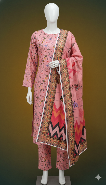 Khaadi 3-Piece Printed Doria Linen Suit – Blush Petal Edition
