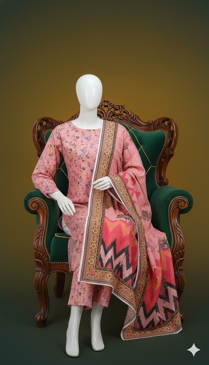 Khaadi 3-Piece Printed Doria Linen Suit – Blush Petal Edition