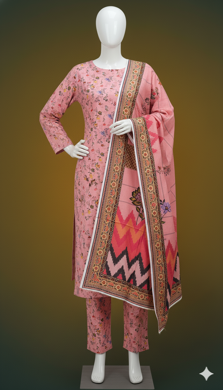 Khaadi 3-Piece Printed Doria Linen Suit – Blush Petal Edition