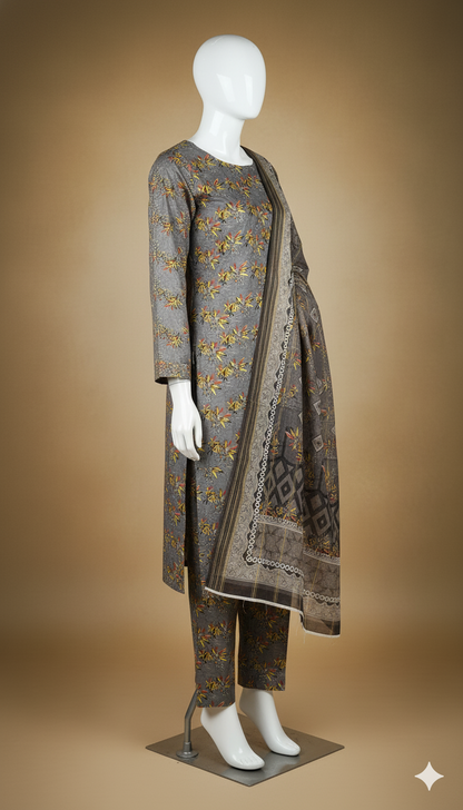 Khaadi Winter Linen 3-Piece Suit – Grey Floral Harmony