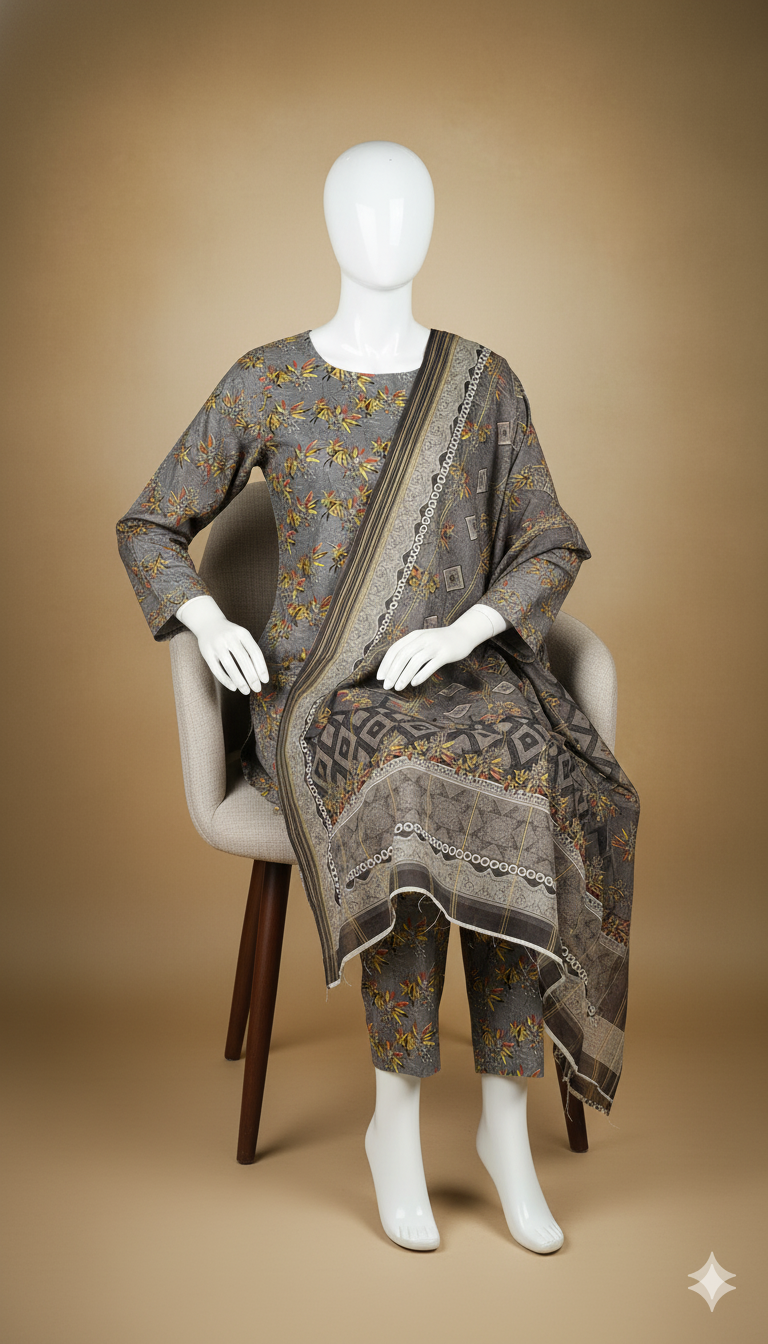 Khaadi Winter Linen 3-Piece Suit – Grey Floral Harmony