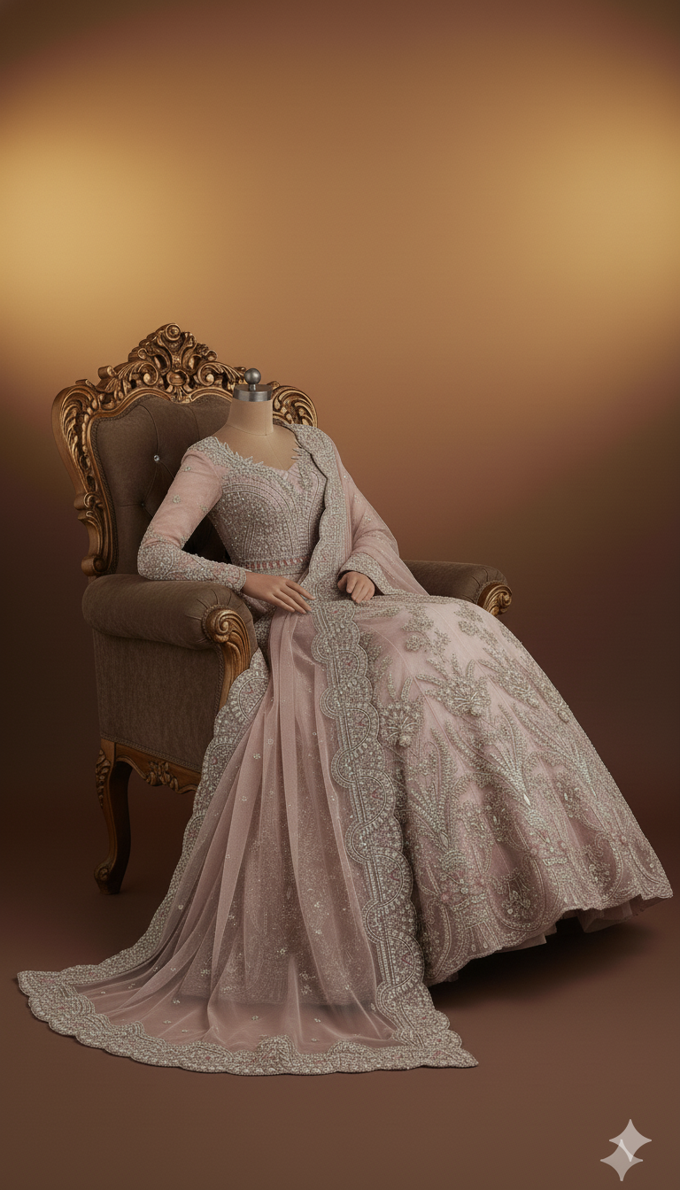 IKHWAN REPLICA – Luxury Embroidered Net Frock with Satin Silk Trouser & Heavy Net Dupatta