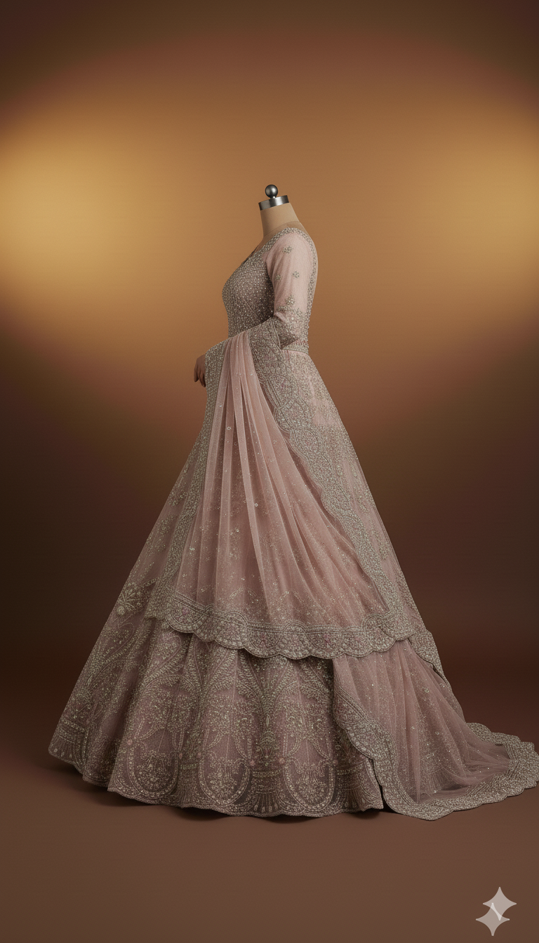 IKHWAN REPLICA – Luxury Embroidered Net Frock with Satin Silk Trouser & Heavy Net Dupatta