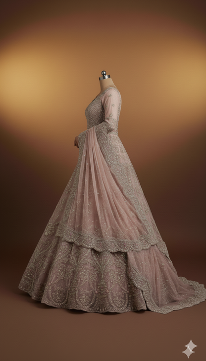 IKHWAN REPLICA – Luxury Embroidered Net Frock with Satin Silk Trouser & Heavy Net Dupatta