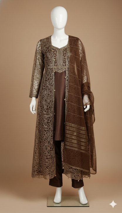 IKHWAN  – Luxury 4-Piece Net Gown Set (Small Size) | Embroidered Net Gown, Organza Dupatta, Shamoze Trouser & Kameez – Dark Brown