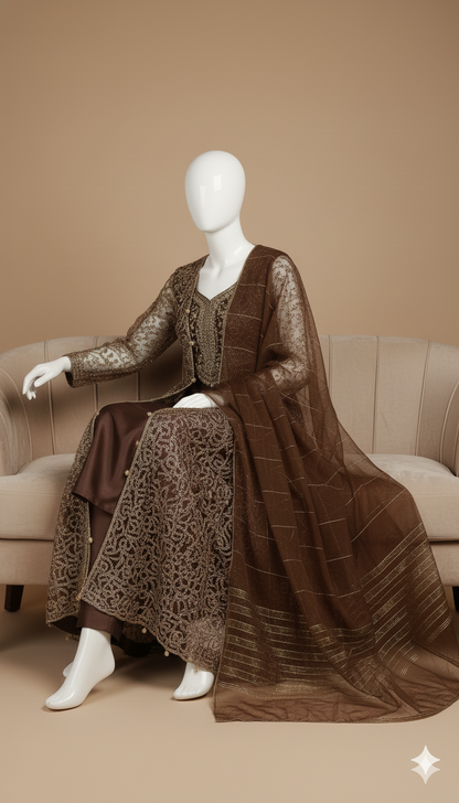 IKHWAN  – Luxury 4-Piece Net Gown Set (Small Size) | Embroidered Net Gown, Organza Dupatta, Shamoze Trouser & Kameez – Dark Brown