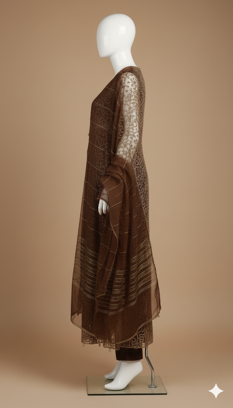 IKHWAN  – Luxury 4-Piece Net Gown Set (Small Size) | Embroidered Net Gown, Organza Dupatta, Shamoze Trouser & Kameez – Dark Brown