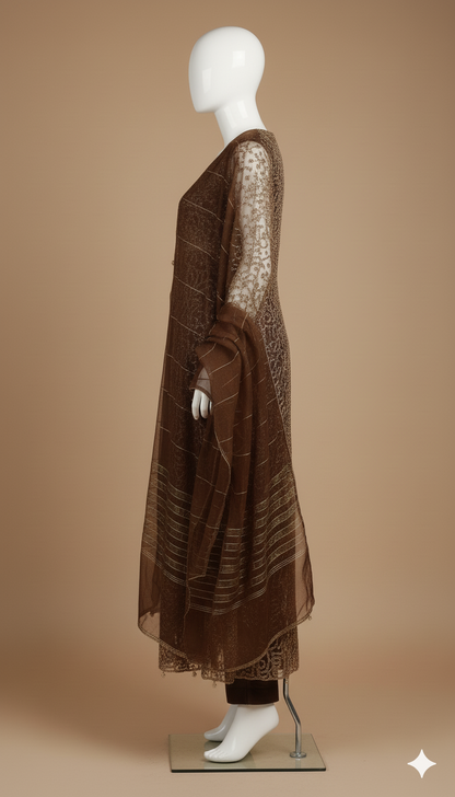 IKHWAN  – Luxury 4-Piece Net Gown Set (Small Size) | Embroidered Net Gown, Organza Dupatta, Shamoze Trouser & Kameez – Dark Brown