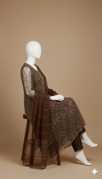 IKHWAN  – Luxury 4-Piece Net Gown Set (Small Size) | Embroidered Net Gown, Organza Dupatta, Shamoze Trouser & Kameez – Dark Brown