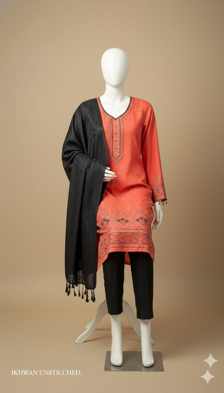 IKHWAN Unstitched Dhanak 3-Piece – Coral & Black Contrast Embroidered Suit with Shawl
