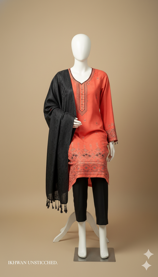 IKHWAN Unstitched Dhanak 3-Piece – Coral & Black Contrast Embroidered Suit with Shawl