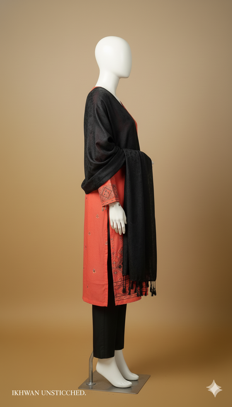 IKHWAN Unstitched Dhanak 3-Piece – Coral & Black Contrast Embroidered Suit with Shawl