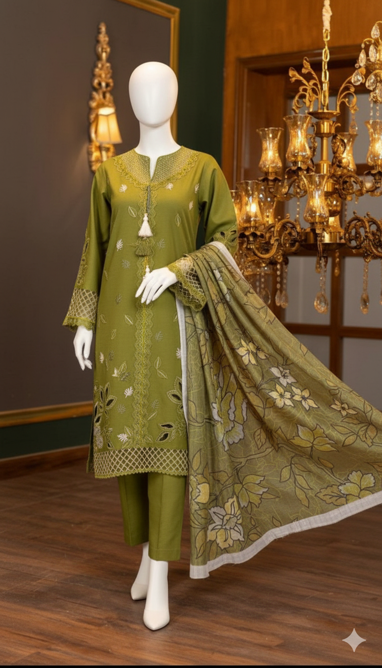 Winter Collection 2025 – Premium DHANAK 3-Piece Embroidered Suit with Digital Wool Shawl