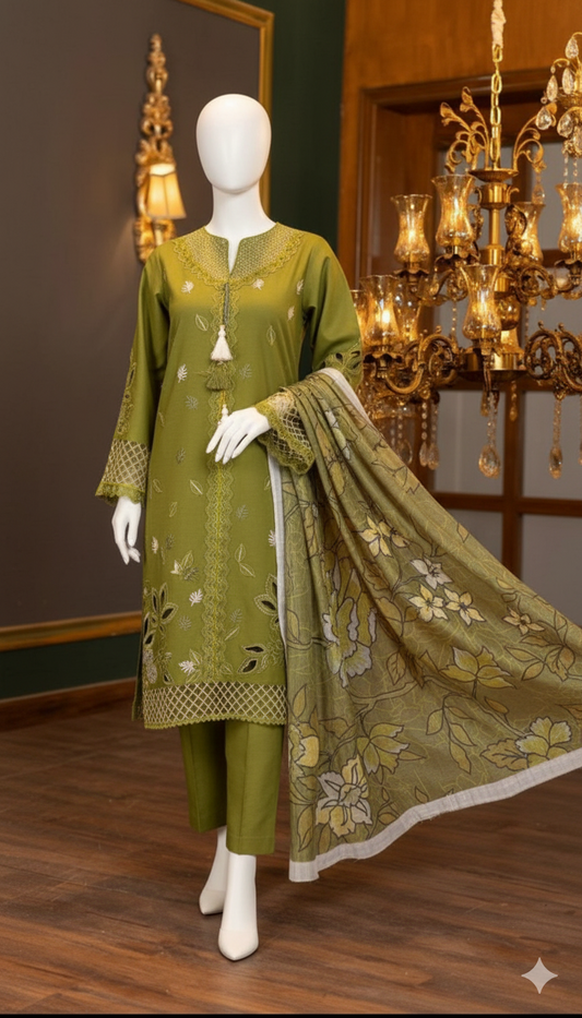 Winter Collection 2025 – Premium DHANAK 3-Piece Embroidered Suit with Digital Wool Shawl