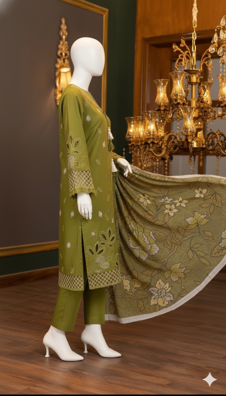 Winter Collection 2025 – Premium DHANAK 3-Piece Embroidered Suit with Digital Wool Shawl