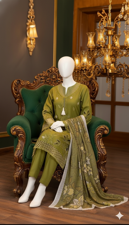 Winter Collection 2025 – Premium DHANAK 3-Piece Embroidered Suit with Digital Wool Shawl