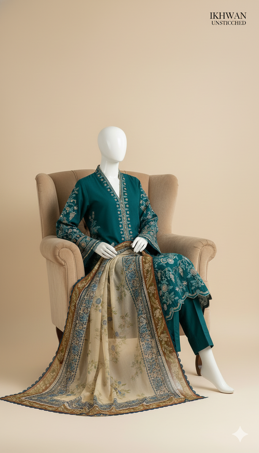 Ikhwan Replica – Dhanak Hit Codes | Pure Dhanak 3-Piece Embroidered Winter Suit | Wool Shawl Collection