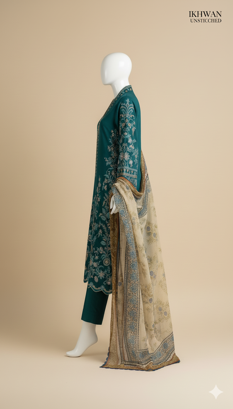 Ikhwan Replica – Dhanak Hit Codes | Pure Dhanak 3-Piece Embroidered Winter Suit | Wool Shawl Collection