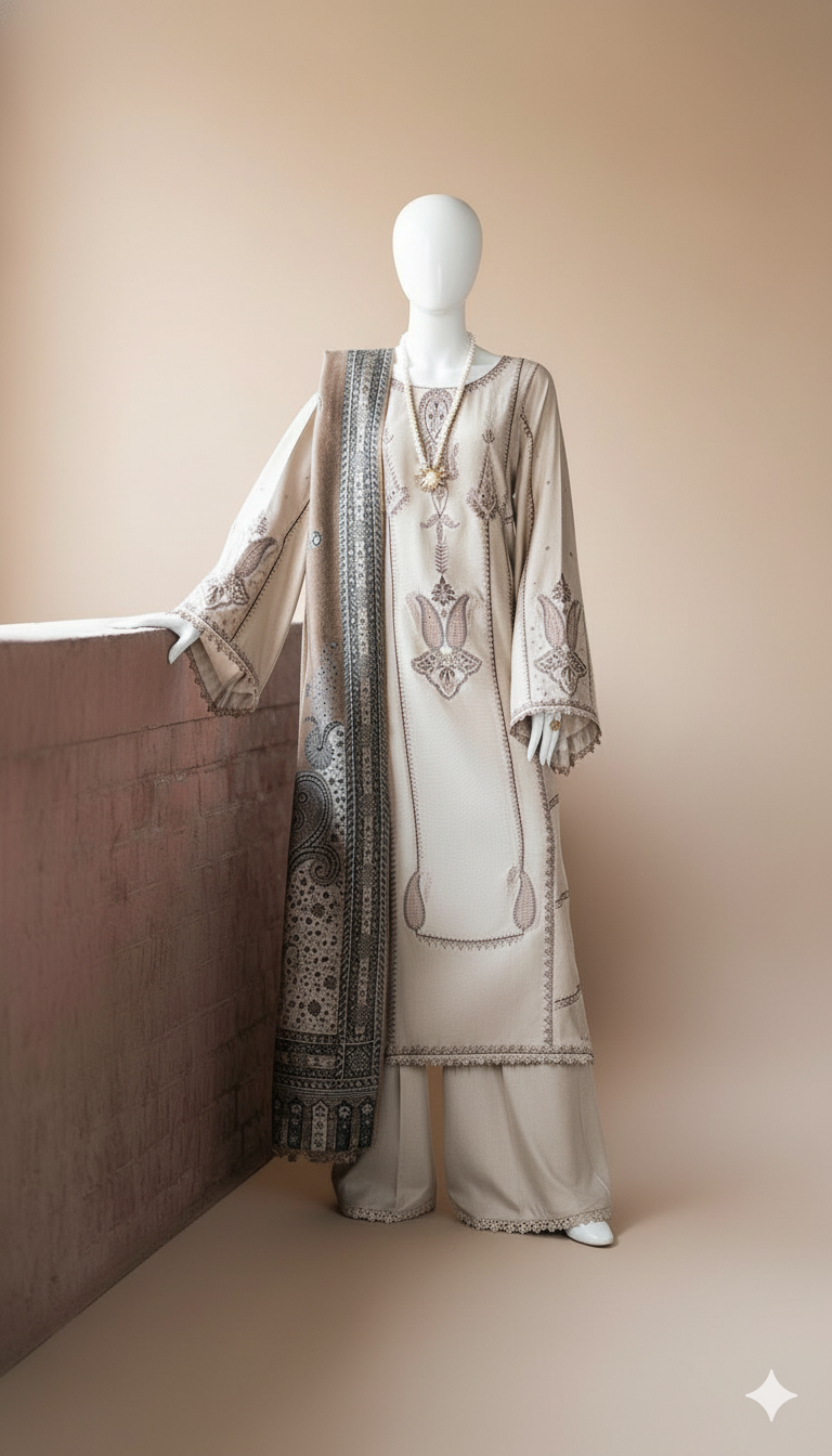 Ikhwan Replica – Winter Collection 2025 | Dhanak 3-Piece Embroidered Suit with Wool Shawl | After Wash Guarantee