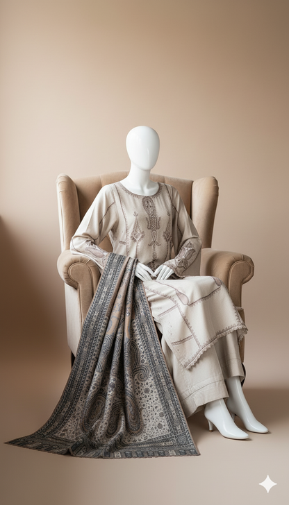 Ikhwan Replica – Winter Collection 2025 | Dhanak 3-Piece Embroidered Suit with Wool Shawl | After Wash Guarantee